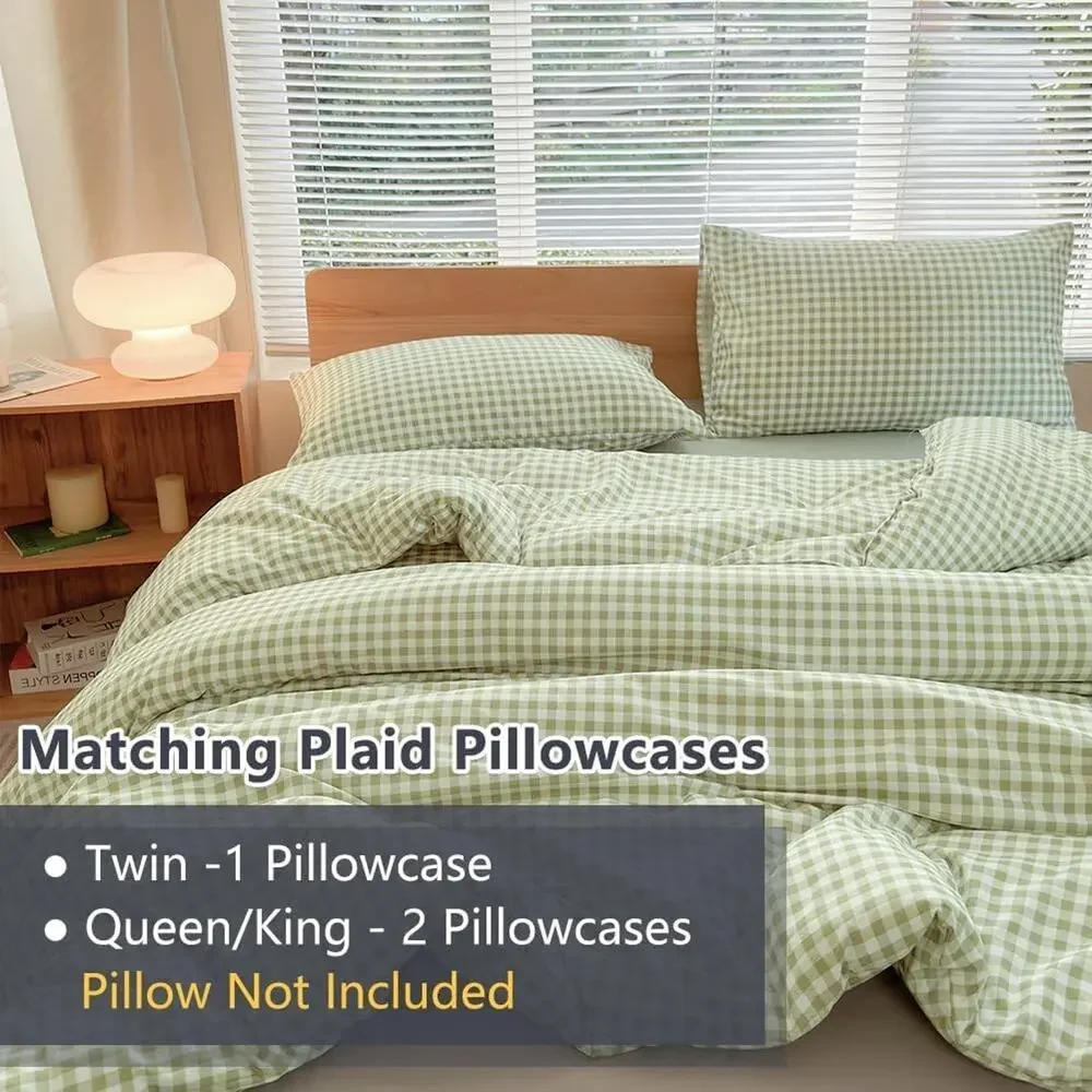 Twin Comforter Set, Light Green Gingham Bedding Sets, Blue Grid Bed Comforter
